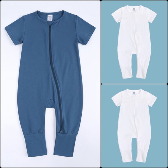 Any Combo*NWT*BABY ROMPER Sleeper Short Sleeve Double Zip White Pink Blue Cotton - Picture 3 of 16